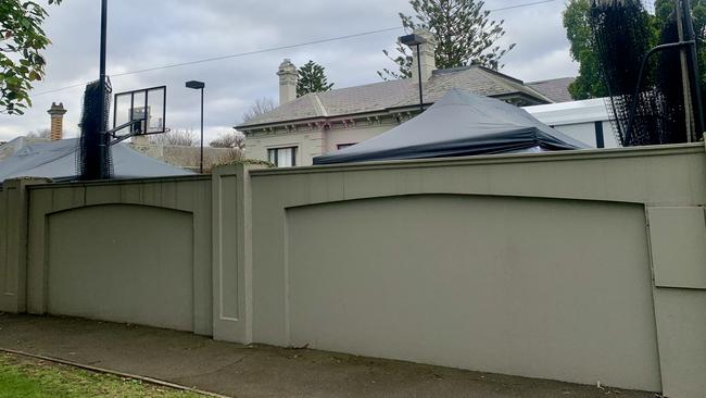 Marquees being used by the production teams on the grounds of the Brighton home. Picture: Fiona Byrne/Supplied