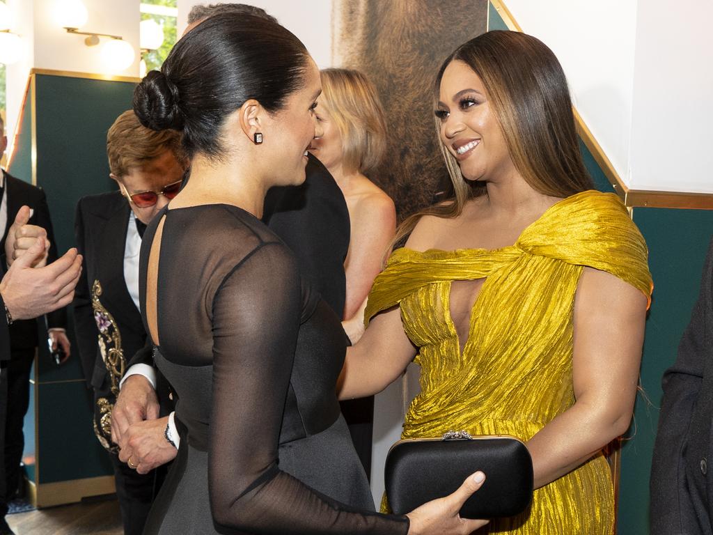 Meghan, Duchess of Sussex (L) meets Beyonce Knowles-Carter (R) Disney's "The Lion King" premiere at Odeon Luxe Leicester Square on July 14, 2019. Picture: Getty Images