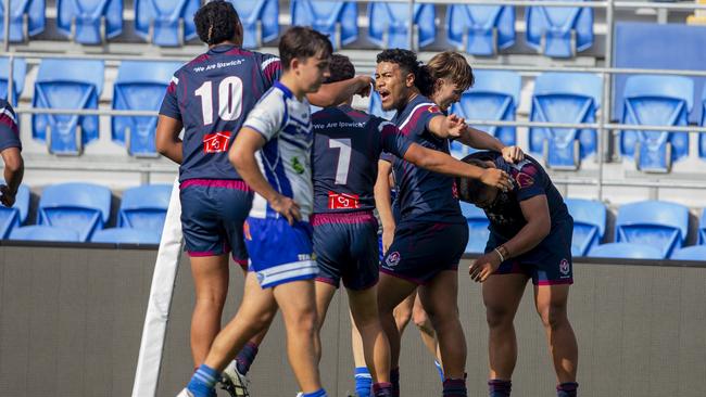 Ipswich SHS's Tre Fotu and teammates celebrate after scoring a try .Picture: Jerad Williams