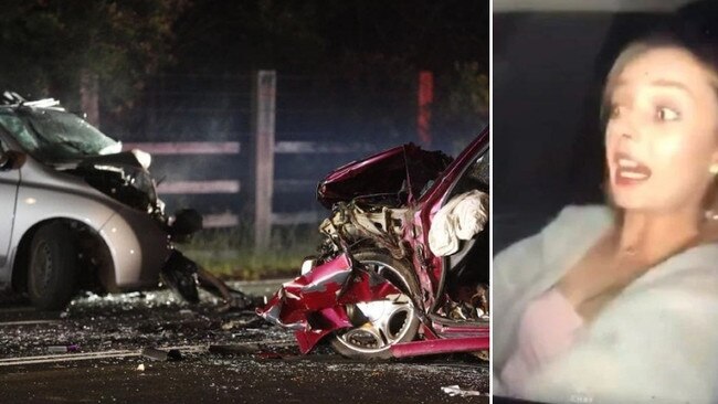 Shania McNeill on Snapchat (right) on the night of her death in a Berkshire Park car crash (left).