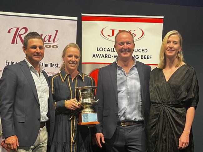 Dalveen based Palgrove Pastoral Compnay takes out another win for JBS's Paddock to Palate 2023 Class 37 Championship. (L) Ben Noller (General Manager), Gemma Noller. Will Heath (CEO) and Sam Heath (R).