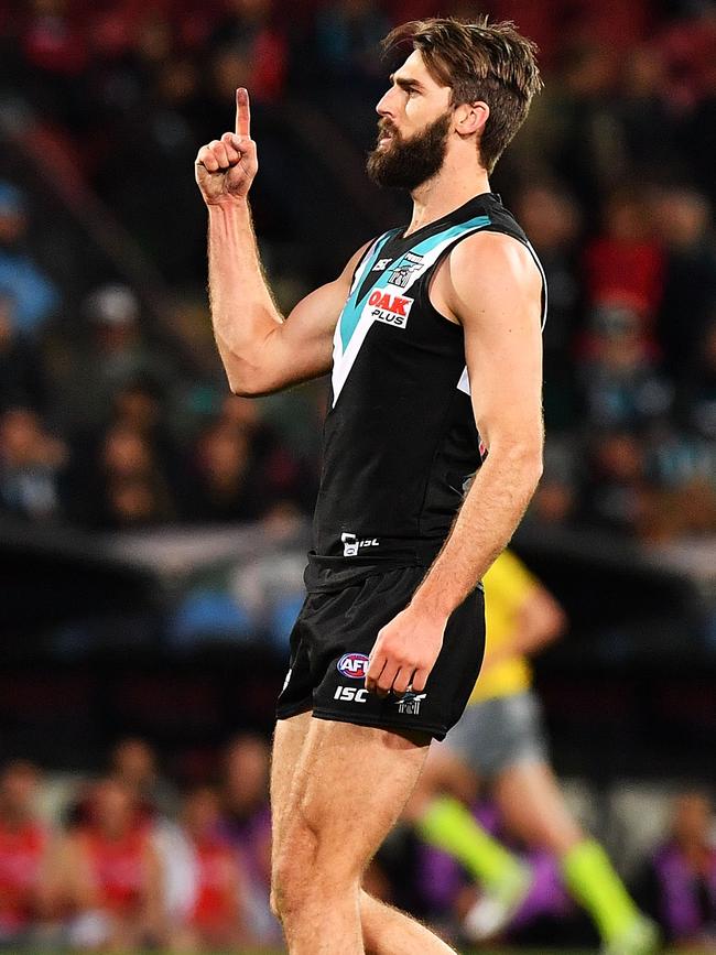 Port Adelaide’s Justin Westhoff celebrates a goal against Essendon at Adelaide Oval. Picture: Mark Brake/Getty