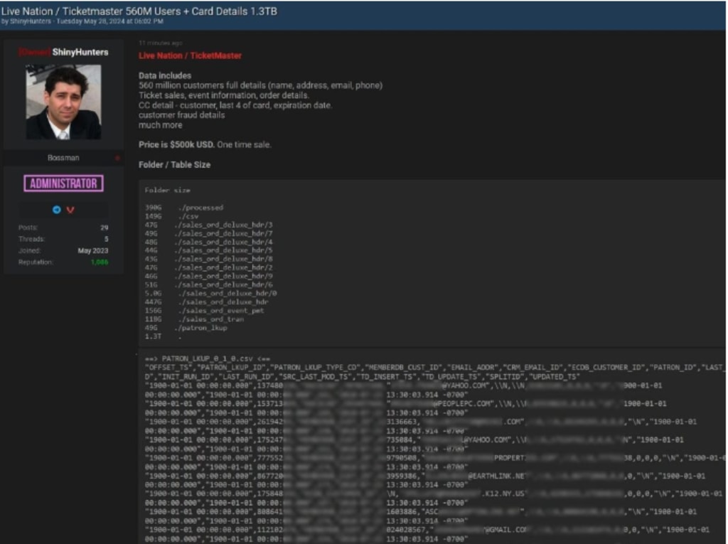 ShinyHunters on Breach Forums claiming they are responsible for a Live Nation and Ticketmaster data breach stealing 560 million customers’ details.