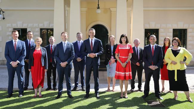 Newly elected South Australian Premier Peter Malinauskas, centre, is flanked by most members of his new ministry after their swearing-in on Thursday. Picture: NCA NewsWire / Dean Martin