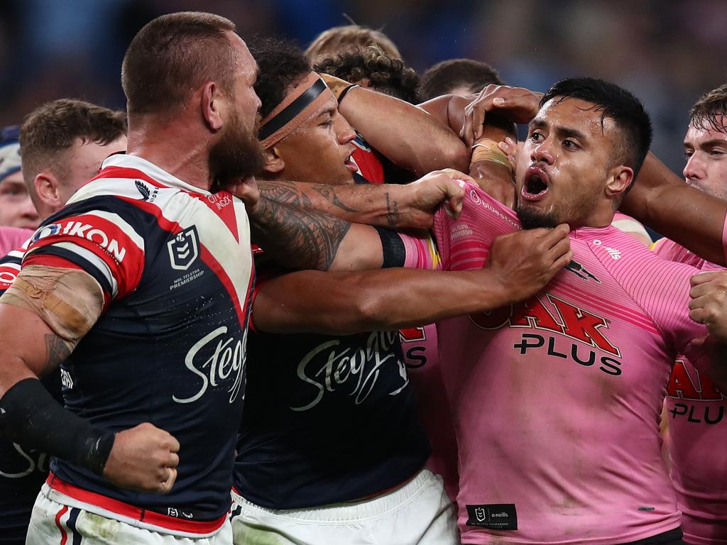 Jared Waerea-Hargreaves and Spencer Leniu scuffle last season. Picture: Jason McCawley/Getty Images