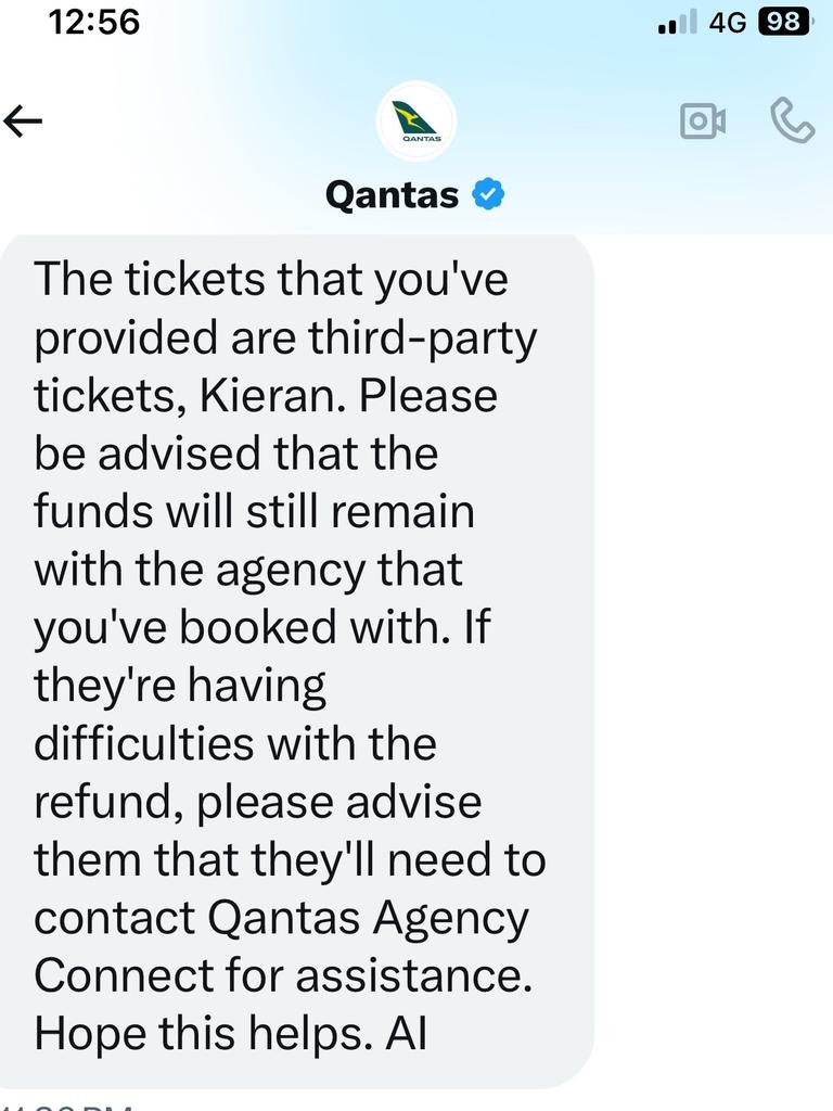 Qantas consistently directed the customers back to Expedia, claiming the company was responsible for issuing a refund. Picture: Supplied