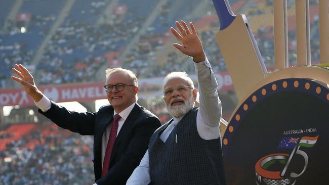 Narendra Modi and Anthony Albanese atop a float at Narendra Modi stadium before the start of the fourth and final Test cricket match between India and Australia. Picture: AFP