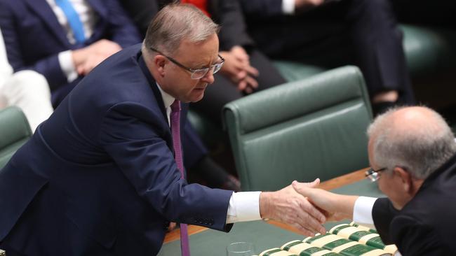 Opposition Leader Anthony Albanese and PM Scott Morrison shake hands during condolence motions for Bob Hawke. Picture: Kym Smith