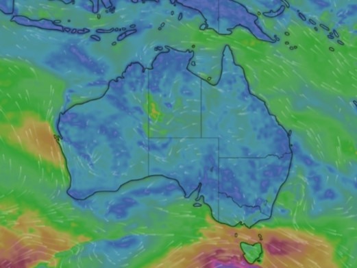 A rain band is forecast to sweep through the country’s east. Picture: Windy.com.