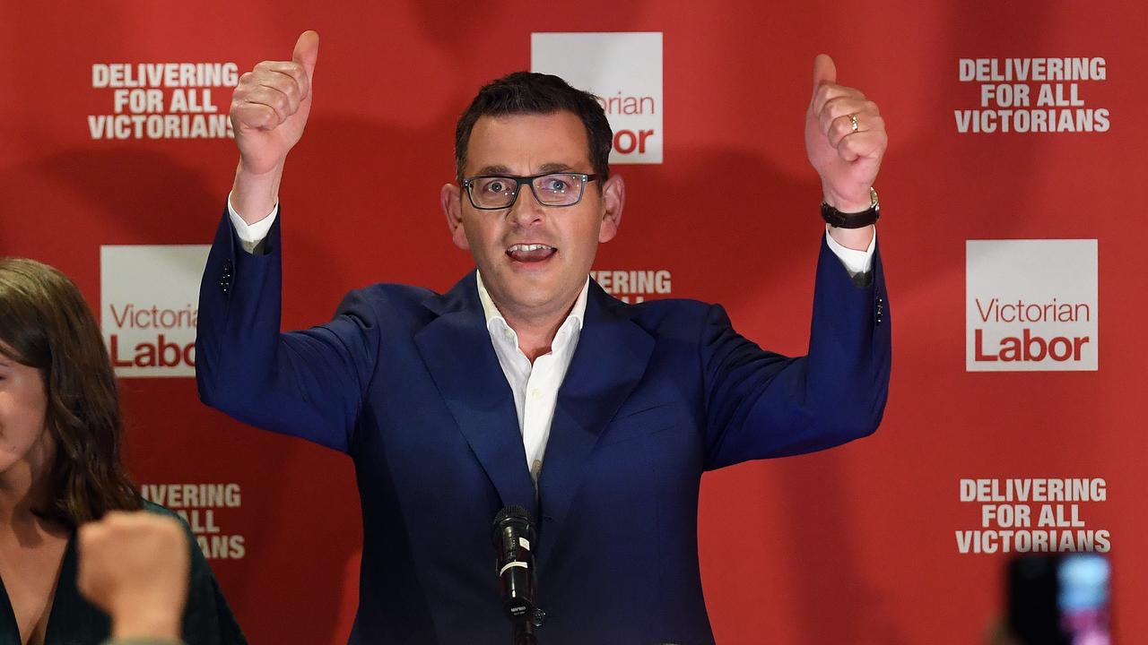 Labor leader Daniel Andrews celebrates his win in the Victorian state election. Picture: Julian Smith/AAP