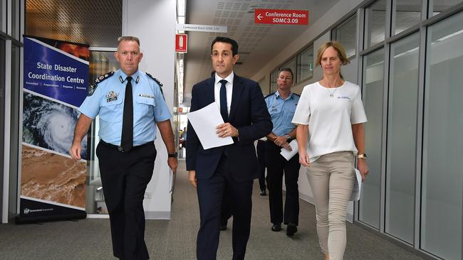 Queensland Premier David Crisafulli at the Kedron Emergency Services to discuss the cyclone. Picture: NewsWire / John Gass