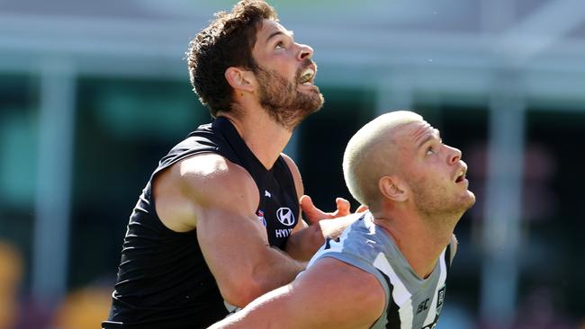 AFL Round 7. Carlton vs Port Adelaide at the Gabba, Brisbane. 19/07/2020.  Levi Casboult of the Blues and Peter Ladhams of the Power battle in the ruck   . Pic: Michael Klein