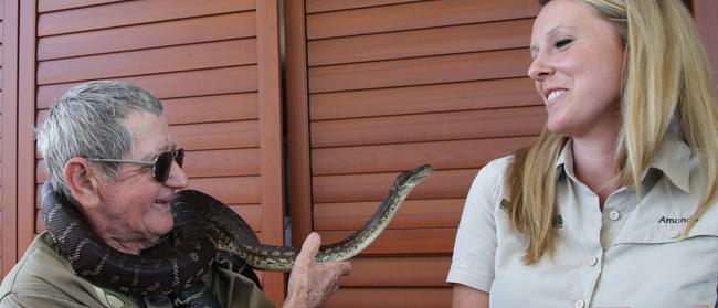 Bob Irwin and co-author Amanda French, with Ruby the snake, at the 2017 Crow’s Nest launch of memoir <i>The Last Crocodile Hunter: A Father and Son Legacy</i>. Photo: Craig Wilson