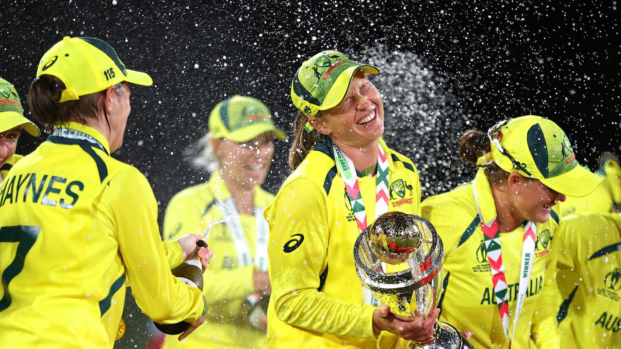 Under Meg Lanning’s leadership, Australia won everything in its path celebrates with the trophy after Australia won the 2022 ICC Women's Cricket World Cup Final match between Australia and England at Hagley Oval on April 03, 2022 in Christchurch, New Zealand. (Photo by Phil Walter-ICC/ICC via Getty Images). Picture: Getty