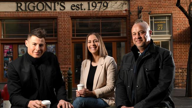 Max and Laura Sharrad with restaurateur Simon Kardachi, who are taking over the historic Rigoni’s Bistro site in Leigh St. Picture: Tricia Watkinson