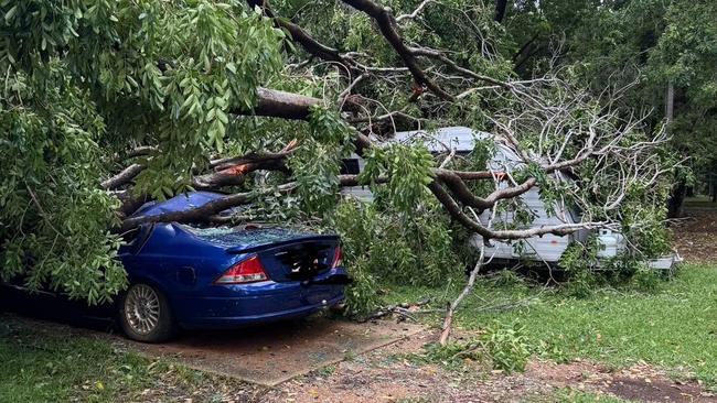 Many vehicles were damaged by the storm at Manbulloo Homestead Caravan Park, Katherine. Picture: Jo Hersey