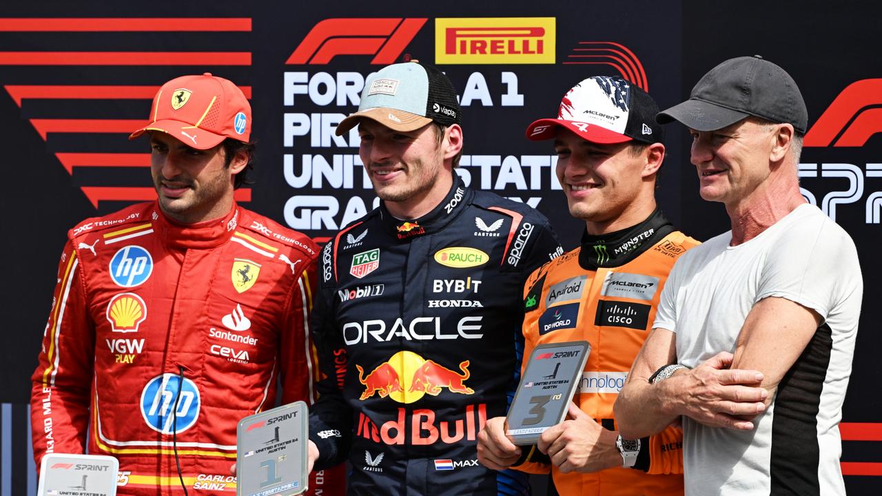 Sprint winner Max Verstappen of the Netherlands and Oracle Red Bull Racing, second placed Carlos Sainz of Spain and Ferrari, third placed Lando Norris of Great Britain and McLaren. Photo by Mark Sutton/Getty Images