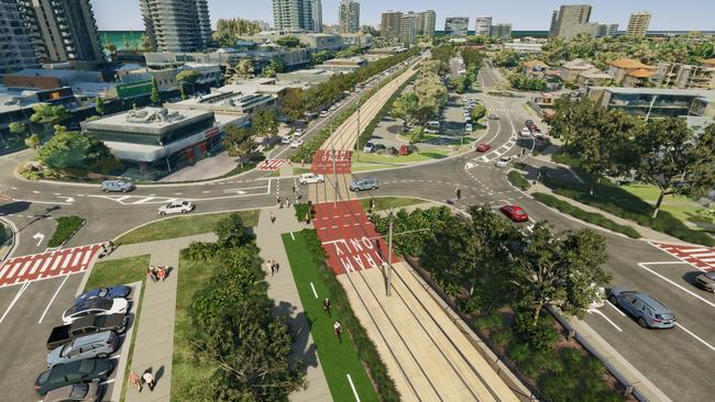 Artist impression of Gold Coast Light Rail Stage 4 between Tugun and Coolangatta, including Gold Coast Airport and the NSW border. Picture: Department of Transport and Main Roads.