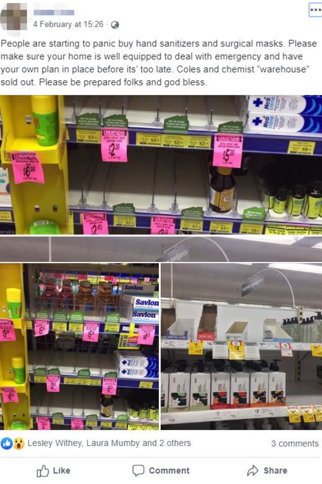 One person described how Australians were in a ‘panic’ over the virus and stockpiling the antibacterial gel. Picture: Facebook