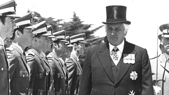 Former Governor-general Sir John Kerr attends the RAAF graduation ceremony at Point Cook in 1975.