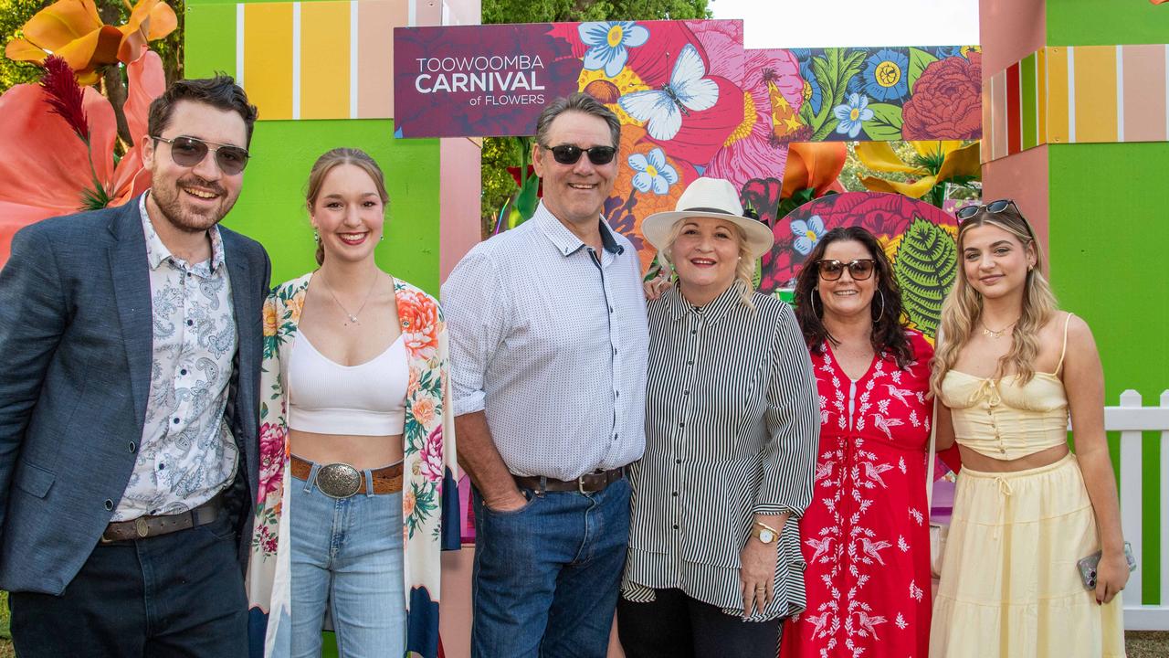 (From left) Riley O’Brien, Charlotte Voll, Mark O’Brien, Kristen O’Brien, Di Balke and Maggie Lambert-Smith. Toowoomba Carnival of Flowers Festival of Food and Wine. Friday, September 13, 2024. Picture: Nev Madsen