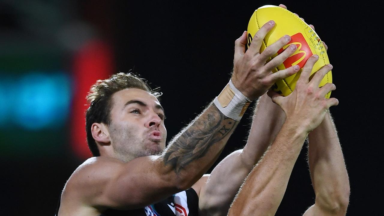 With Charlie Dixon’s return imminent, what do Port do with their tall forward glut? Jeremy Finlayson kicked three goals in Port’s win against the Bulldogs. Picture: Getty Images