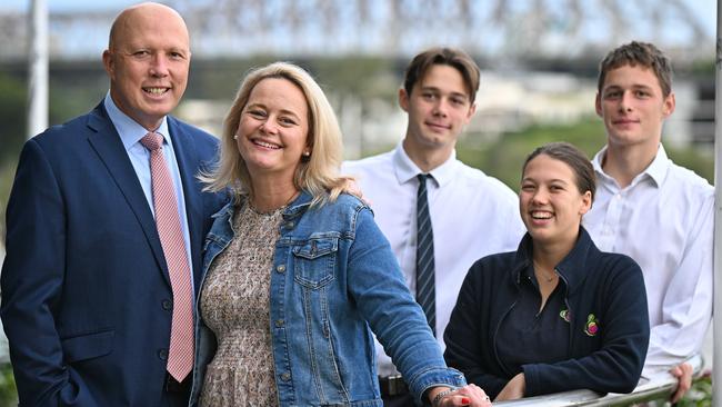 Peter Dutton with wife Kirilly, daughter Rebecca, and sons Tom and Harry (right). Picture: Lyndon Mechielsen