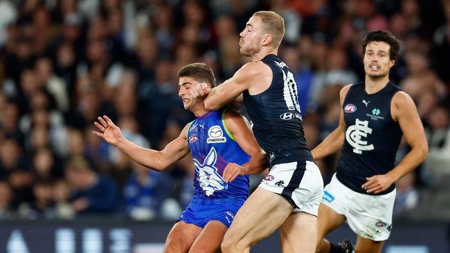 Harry McKay had his hit on Harry Sheezel thrown out at the tribunal. (Photo by Michael Willson/AFL Photos via Getty Images)