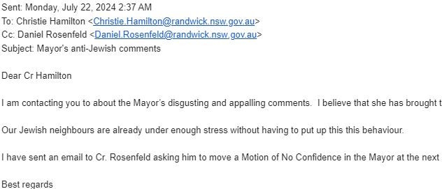 One of the emails sent to councillors regarding the mayor's comments. Picture: Supplied