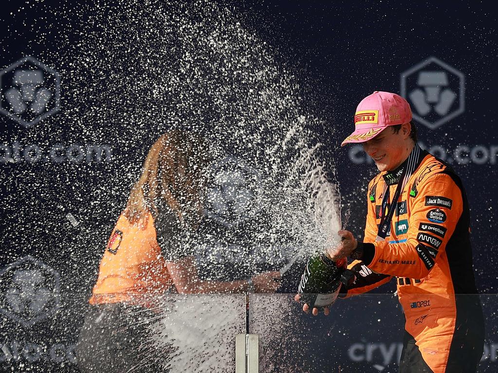 Grand Prix of Miami winner Oscar Piastri celebrates on the podium. Picture: Getty Images