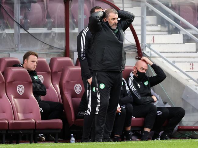 Ange Postecoglou is left frustrated during Celtic’s 2-1 loss to Hearts. Picture: Steve Welsh/Getty Images