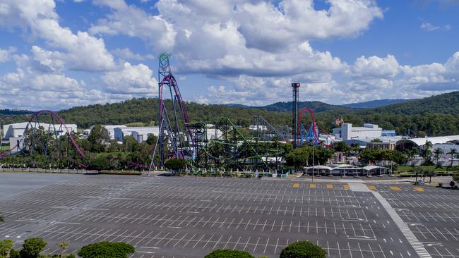 The empty carpark of Warner Bros. Movie World in Oxenford. Picture: Jerad Williams.