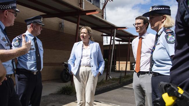 Speaking with Queensland Premier Annastacia Palaszczuk are (from left) Darling Downs Superintendent Doug McDonald, City Patrol Group Inspector Paul James, Aspley MP Bart Mellish and Southern Region Assistant Commissioner Chaysse Pond on February 24, 2023. Picture: Kevin Farmer