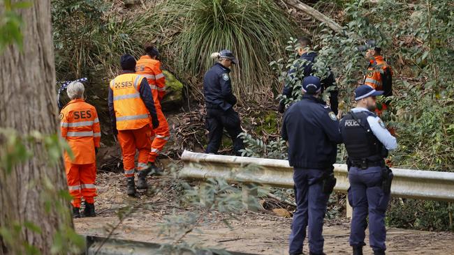 Police and SES at the scene where Janet James’s body was found near a fire trail in Wahroonga last Thursday. Picture: Tim Hunter