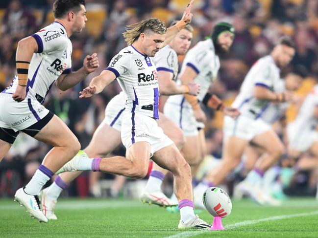 Ryan Papenhuyzen takes a kick off for Melbourne. NRL Imagery