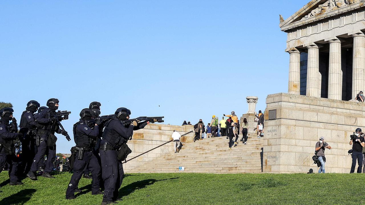 The protest descended on the Shrine of Remembrance on Wednesday. Picture: NCA NewsWire / Ian Currie