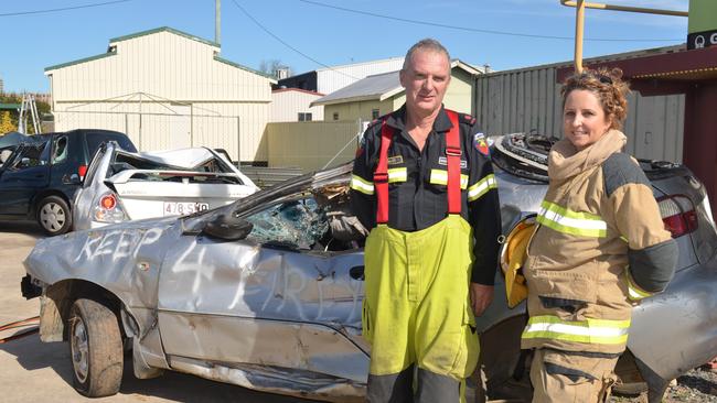 ON STAND-BY: Warwick Fire Station lieutenants Chris Gilchrist and Jenny Cooper know bushfires are no longer firefighters’ only concern. Picture: Elyse Wurm