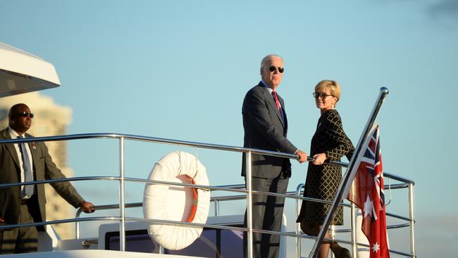 Joe Biden, then Vice President of the United States, takes a harbour cruise with Australian Foreign Minister Julie Bishop in Sydney during his visit to Australia in 2016. Picture: Pool image