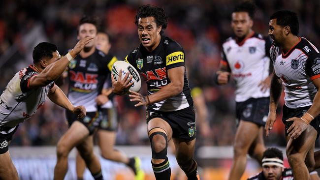 Luai scored two tries in his first game at halfback for Penrith in 2018. Picture: AAP Image/Dan Himbrechts