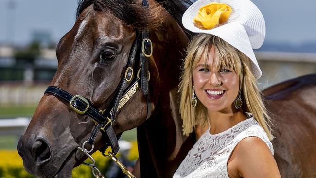 EMBARGOED UNTIL JAN 7 2018 Magic Millions Fashions on the Field MC Candice Dixon with  race horse Bold Adventure at the Gold Coast Turf Club ahead of next year's Magic Millions in January.   Picture: Jerad Williams