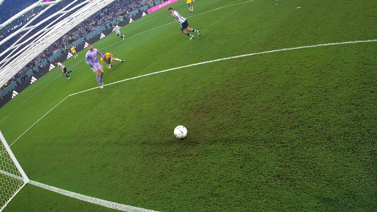 Argentina's forward #09 Julian Alvarez (L) scores his team's second goal