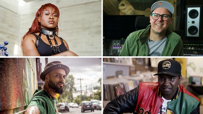 Clockwise from top left: Sampa The Great, Suffa (Hilltop Hoods), Baker Boy and N'fa Jones (1200 Techniques) in the documentary 'Burn Gently'. Pictures: Imraan Christian, Hideaway Productions, Kevin Rumbelow