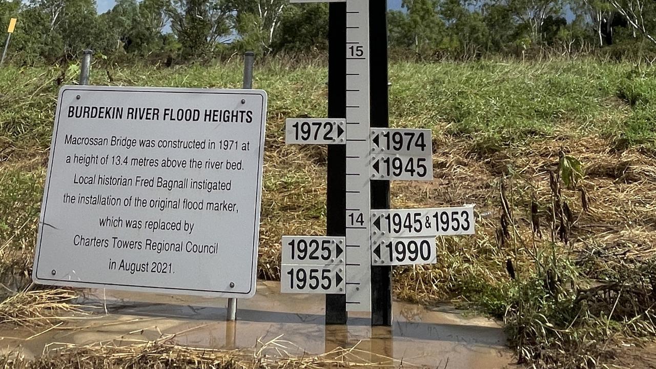 The Burdekin River flood marker at the Macrossan Bridge - the recent flood peaked above 19m, placing the 2025 flood higher than the 2011 event.