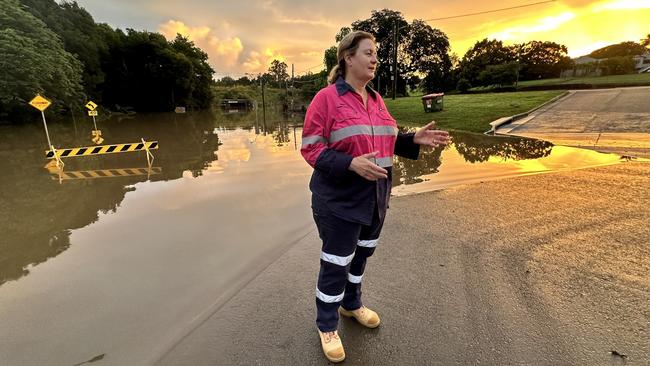 Ipswich mayor Teresa Harding in front of floodwaters.