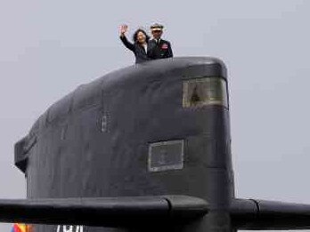 President Tsai Ing-wen on board the Hai Lung at Kaohsiung navy base. Picture: Reuters/The Times