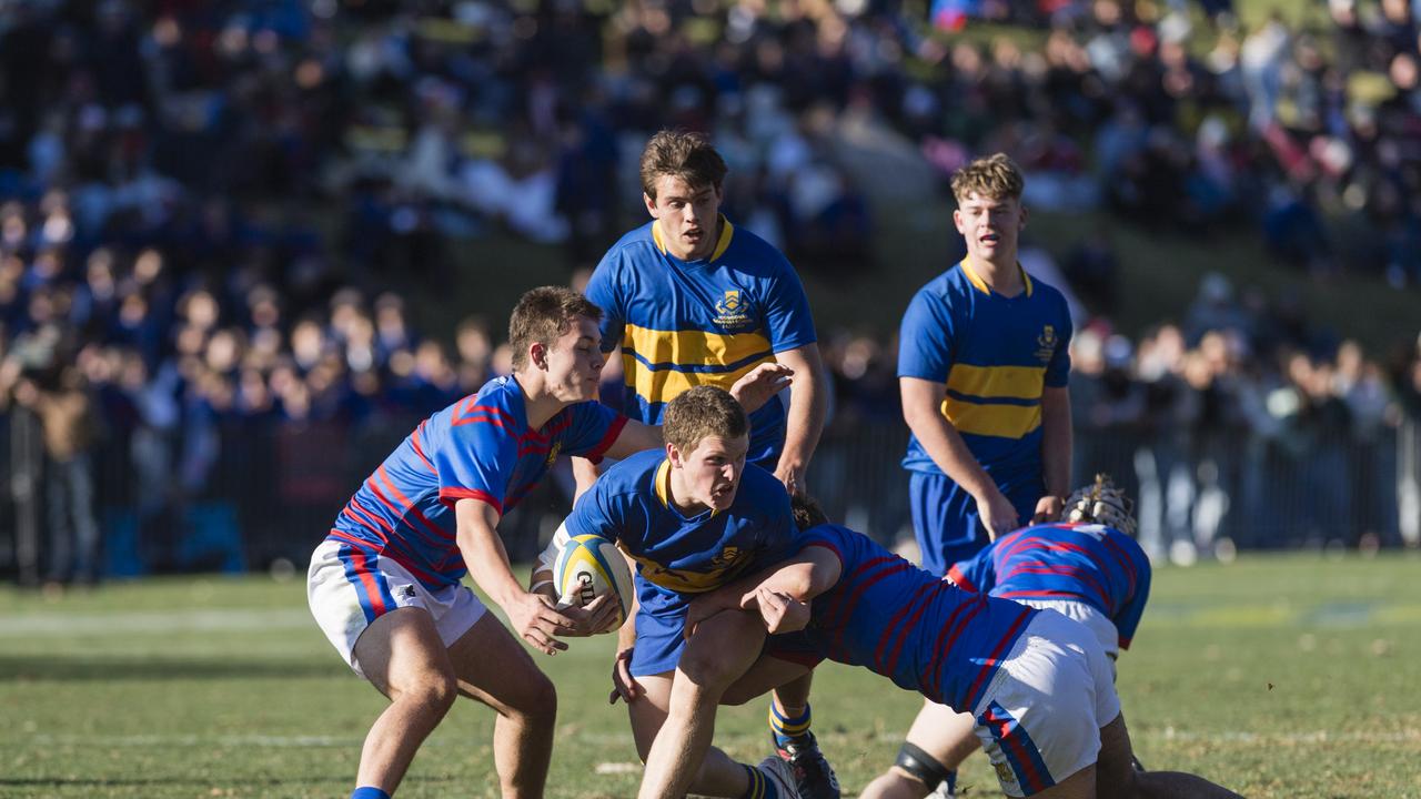 Joe Gray looks for options for Grammar in O'Callaghan Cup on Grammar Downlands Day at Toowoomba Grammar School, Saturday, August 19, 2023. Picture: Kevin Farmer