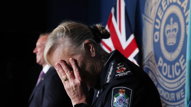 Katarina Carroll announces she is standing down as Commissioner, Police Headquarters, Brisbane. Picture: Liam Kidston