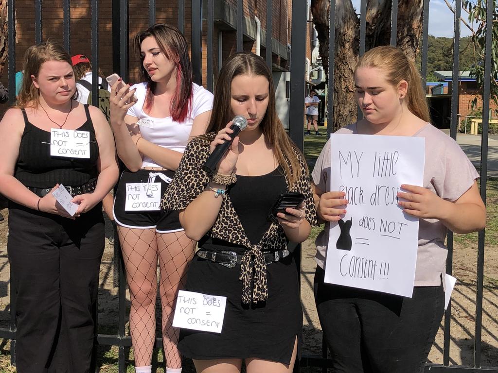 Natalia Nikolic (with microphone) and Ngara Kennedy (right) talk at the protest.