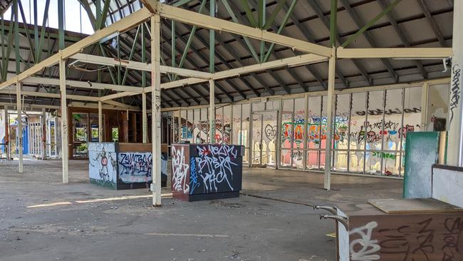 Inside the abandoned former Garage Sheds Galore building in Burwood. Picture: Kiel Egging.