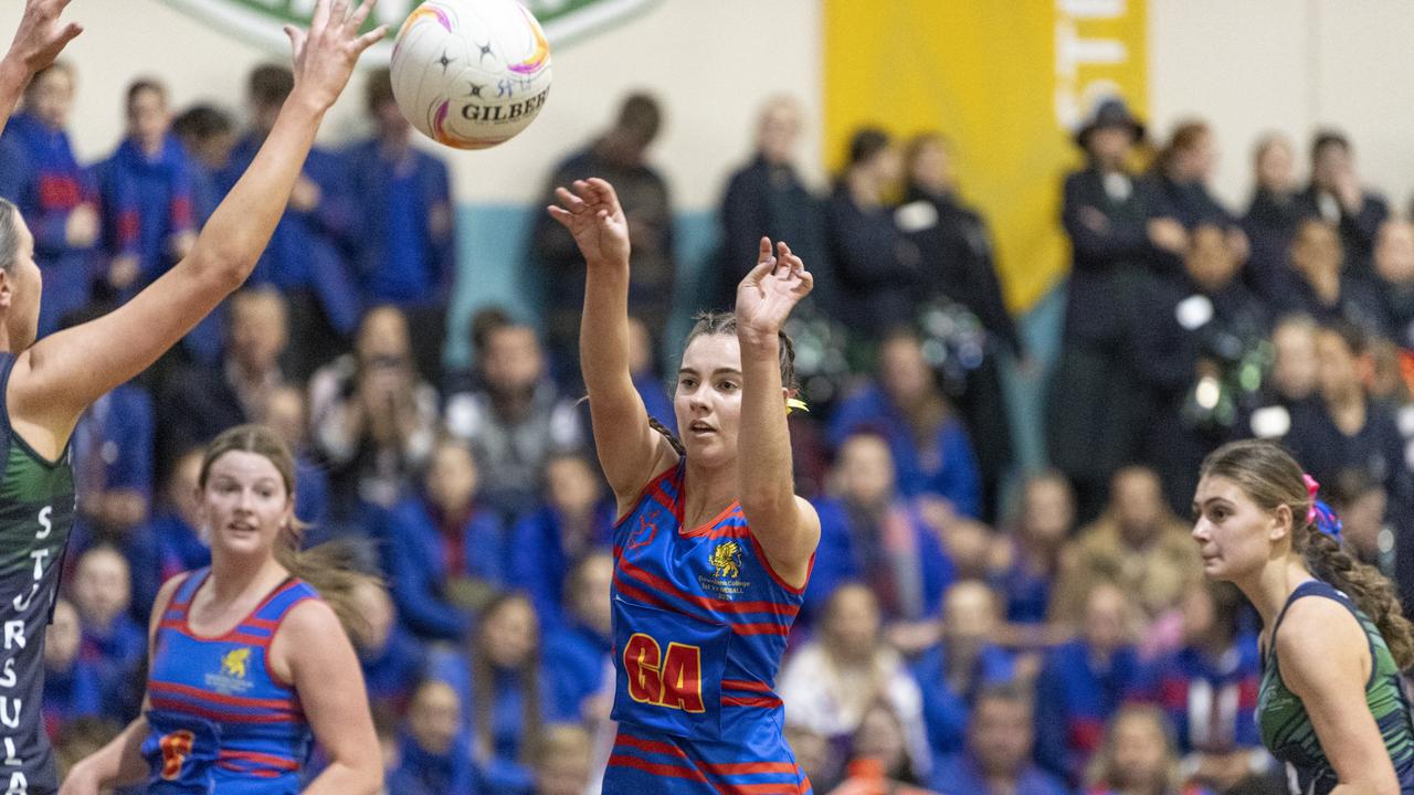 Lara Fitzgerald of Downlands First VII against St Ursula's Senior A in Merici-Chevalier Cup netball at Salo Centre, Friday, July 19, 2024. Picture: Kevin Farmer